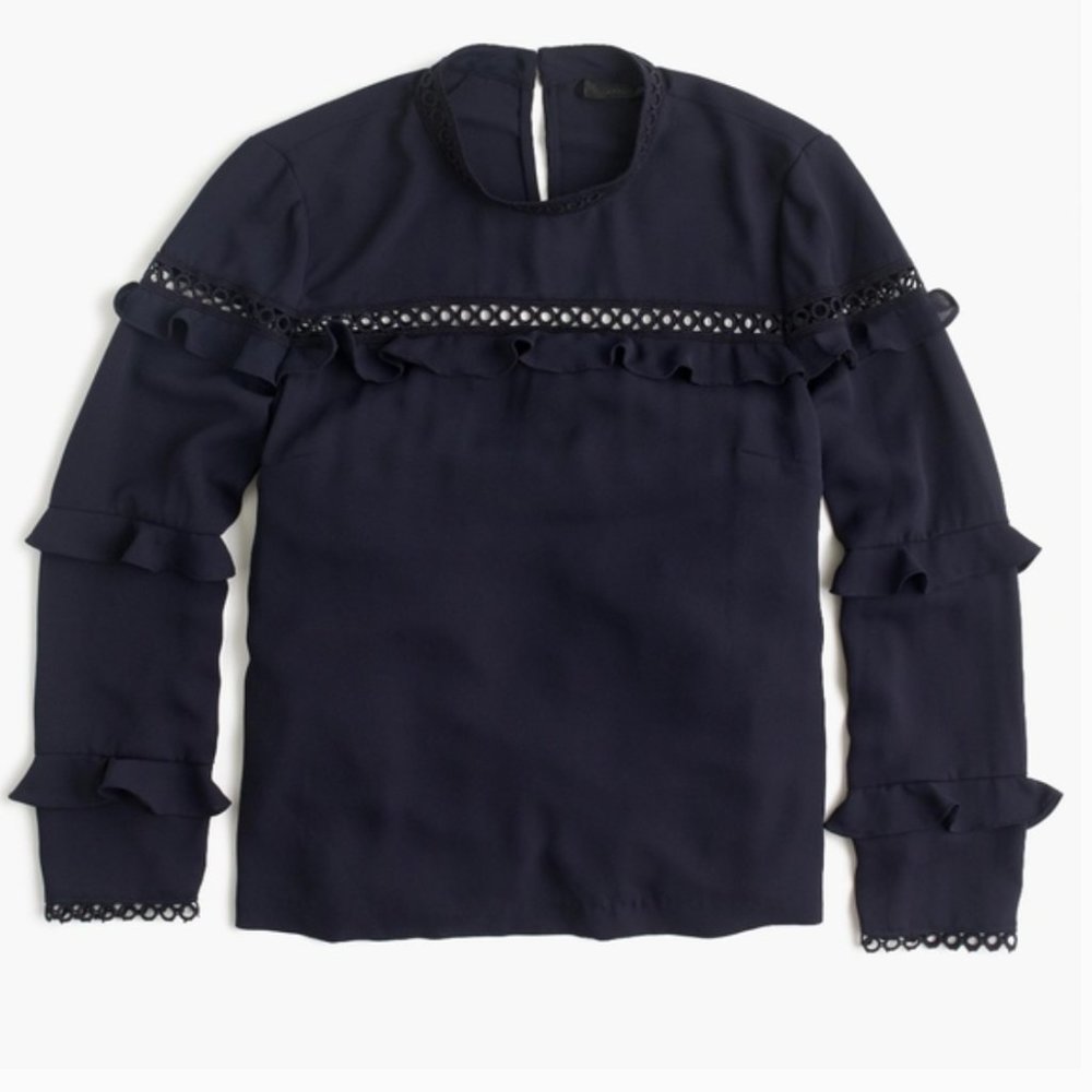 J. CREW Tiered Ruffle Top With Scallop Lace Trim Navy Blue {VV22}